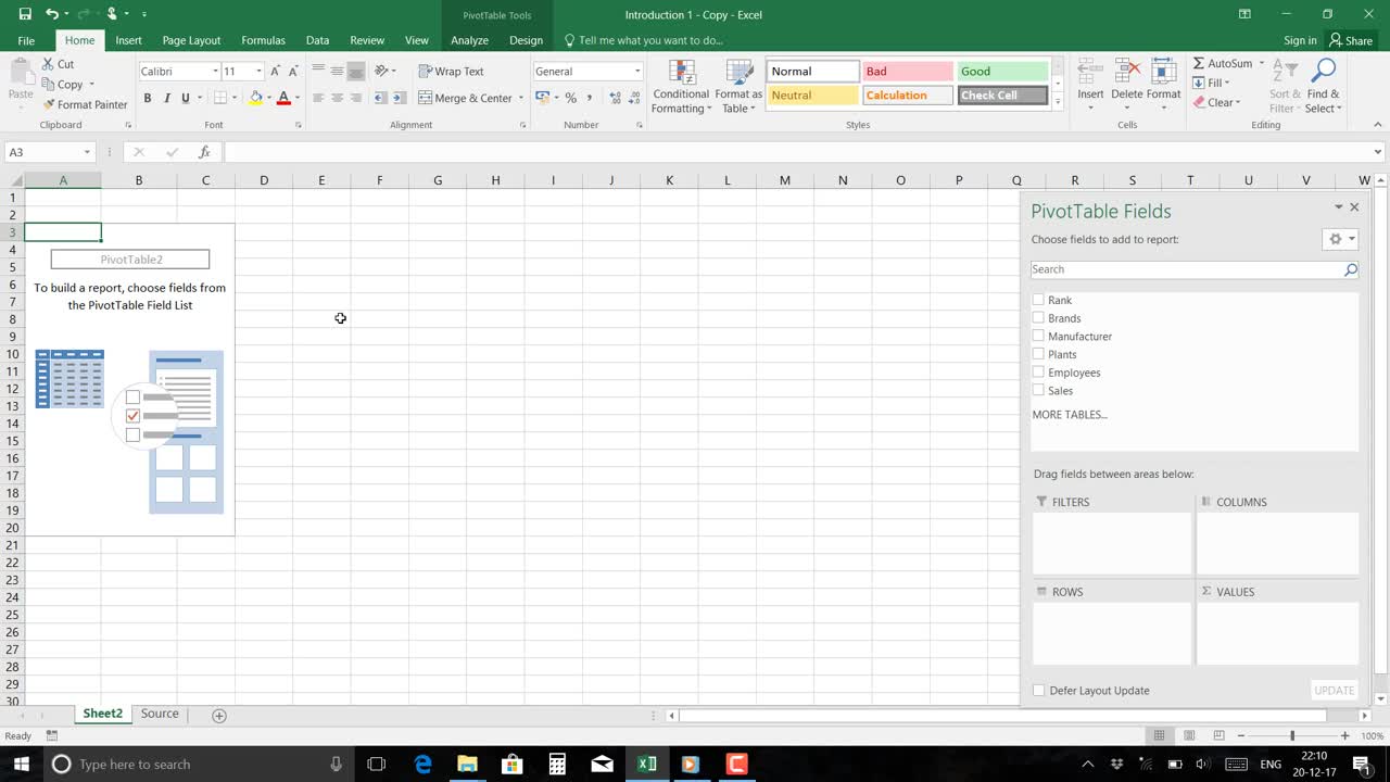 How does pivot table in Excel do, when you drop a field to Rows and Values Area?